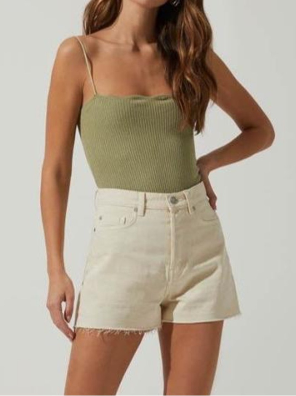 Astr Sage Green Ribbed Knit Bodysuit Scalloped Edge and adjustable straps Small